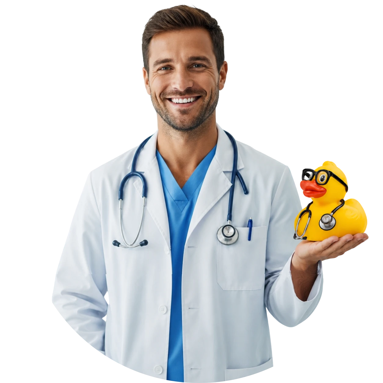 Médico sonriente sosteniendo a Doctor CUAC, el patito asesor con gafas y estetoscopio que ayuda a especialistas en salud a crecer con marketing digital